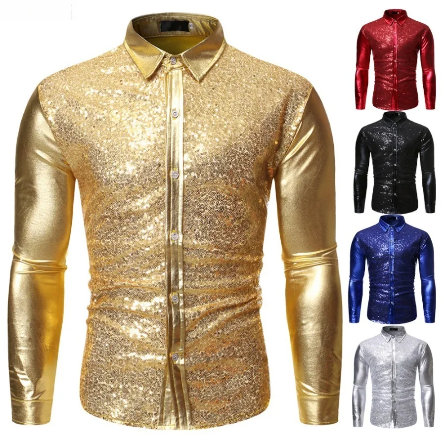Men's Metallic Sequins Glitter Shirts Fashion Long Sleeve Button-up Lapel Disco Nightclub Tops Stage Singer Costume Camisas