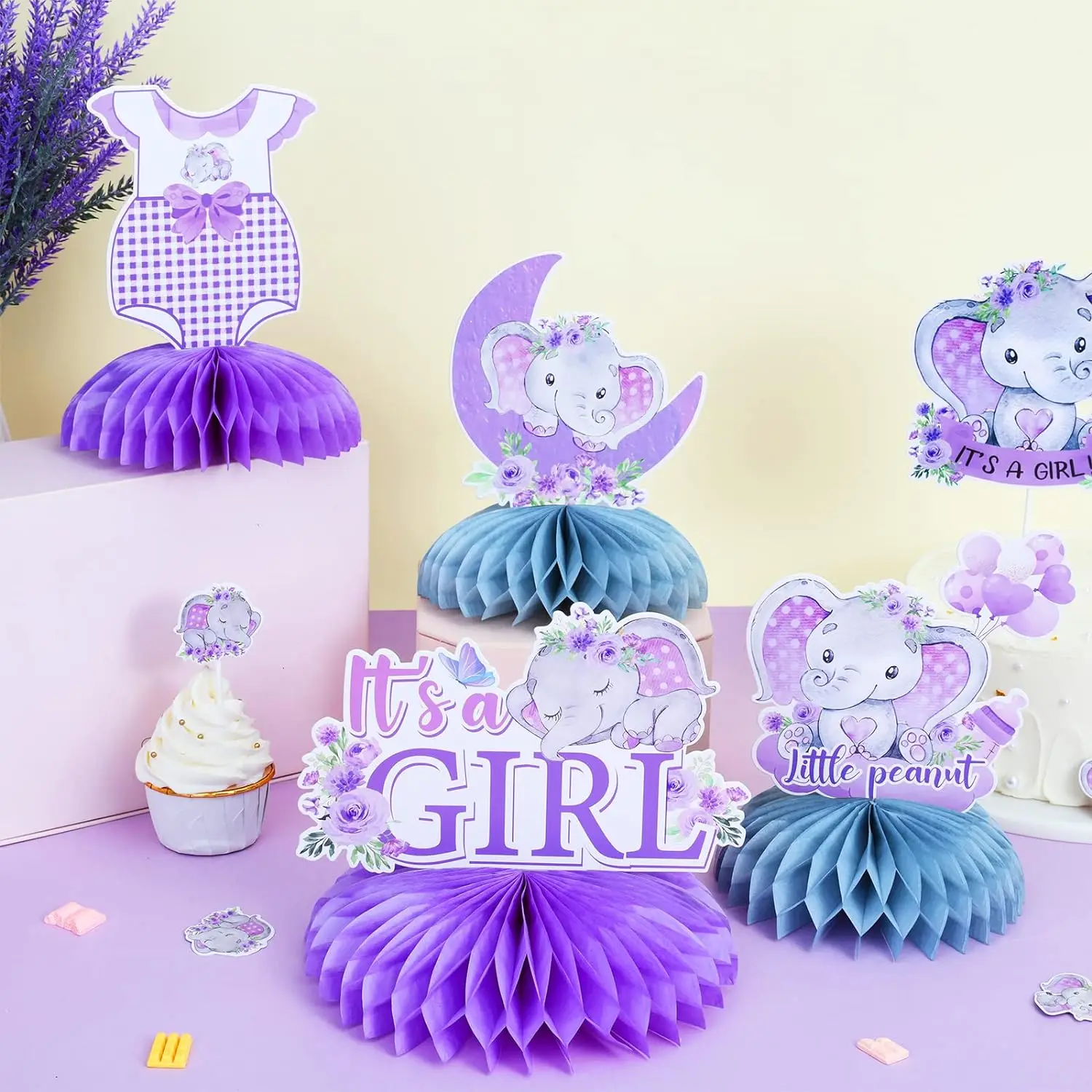 8PCS Elephant Honeycomb Centerpieces It's a Girl BabyShower Decor Welcome Baby Table Toppers Pregnancy Celebration Newborn Party