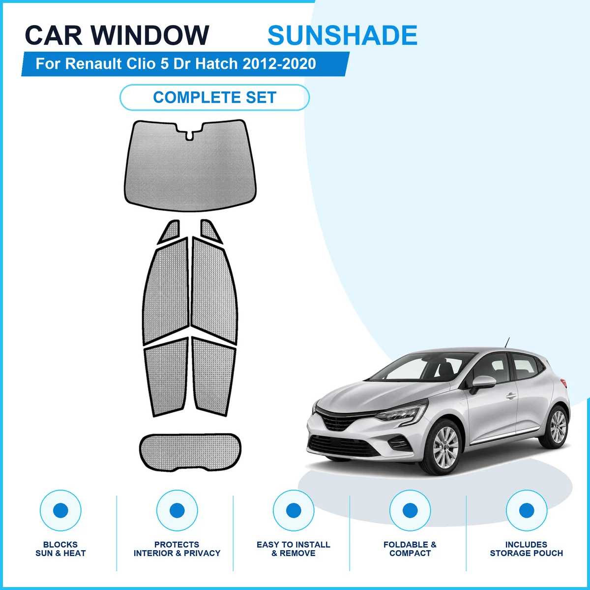 For Renault Clio 5 Dr Hatch 2012-2020 Custom Full Set Window Sunshades Aluminum Foil Suction Cup Anti UV Privacy