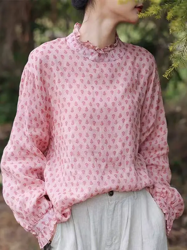 

Ele Floral Print Linen irt Women's Summer Artistic Sle Top Vintage Small irt Loose Fit Long Sve Stand Collar