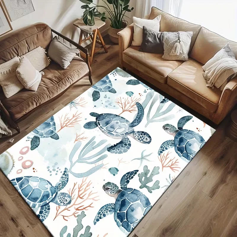 Whale Fish Cartoon Area Rug Non Slip Kids Floor Mat Underwater World Style Bedroom Playroom Living Room Home Decor Carpet