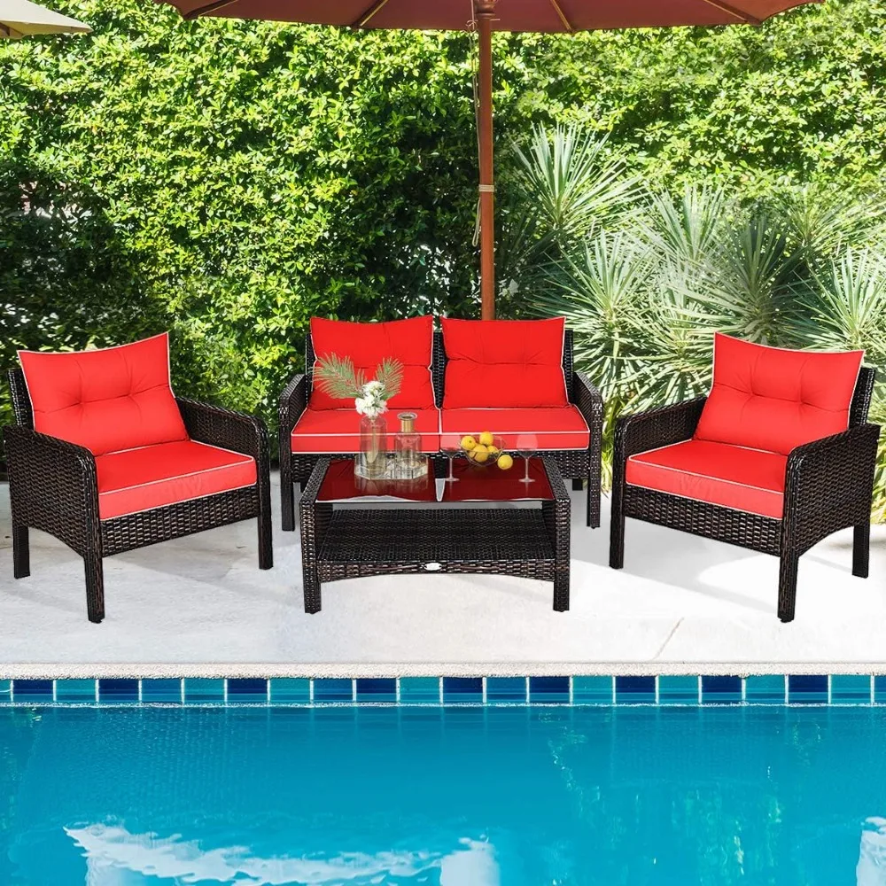 4-Piece Patio Furniture Set Outdoor Rattan Wicker Sofa Set with Cushions&Coffee Table, Conversation Sofa Set with Tempered Glass