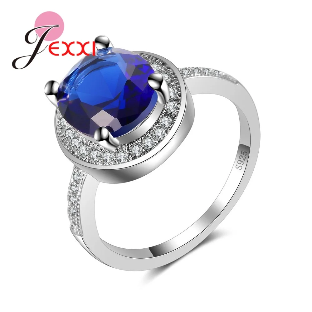 Simple OL Style 925 Sterling Silver Girls Rings One Round Blue Stone Setting For Women Anniversary Gift Love Ring Jewelry