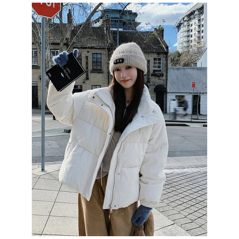 Down Jacket Women Coat Fashion American Streetwear Corduroy Duck Warm Down Feather Female Winter Outwear Cotton-padded Jacket