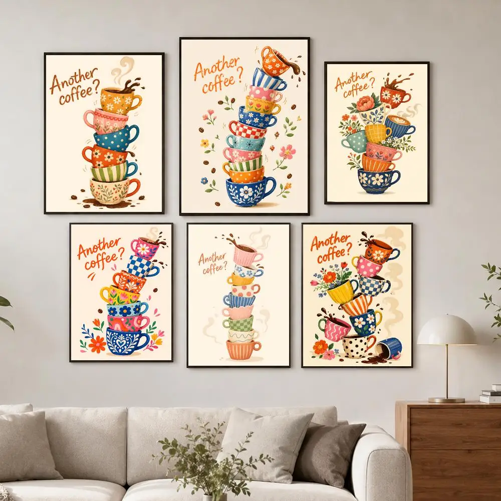 Whimsical Coffee Stacks Poster Wall Decor Self-Adhesive Aesthetic Modern Vibe Stylish Gift Friends Living Room Bedroom