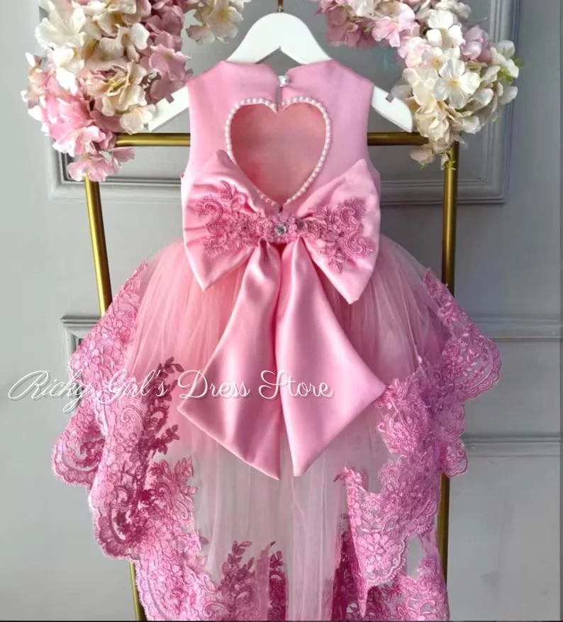 Luxury Pink Flower Girl Dress For Wedding Tulle Beading Lace Princess Kid Birthday Party First Communion Ball Gown Customized