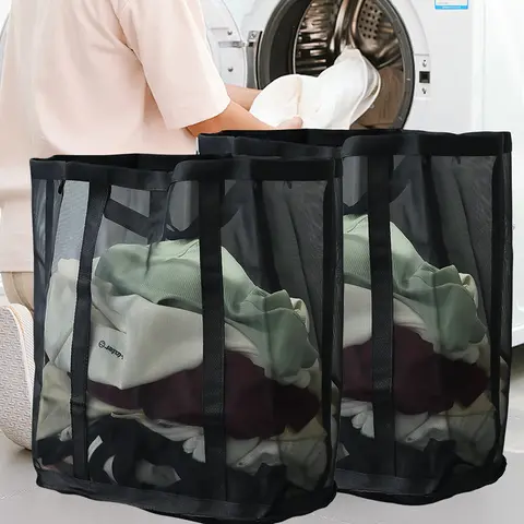 Mesh Laundry Basket Bathroom Wall Hanging Foldable Breathable Dirty Clothes Toy Storage Large Capacity Organizer Bag with Handle
