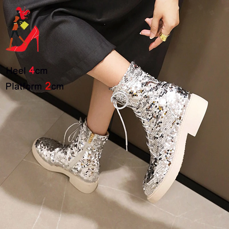 Discoloration Sequined Cloth Short Boots For Women Short Plush Autumn Winter Low Heel Round Toe Shoes Zipper Glitter Ankle Boots