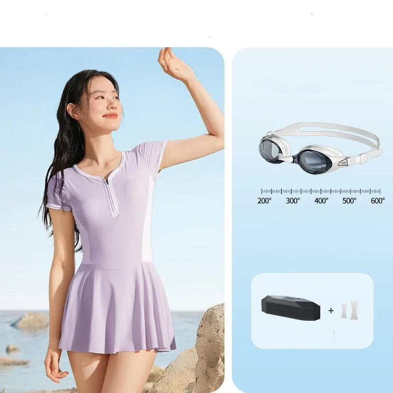 361Women One Piece Professional Quick-Drying Push Up Bathing SwimSuit Glasses Cap Short Sleeve WaterProof Sports Beach SwimWear