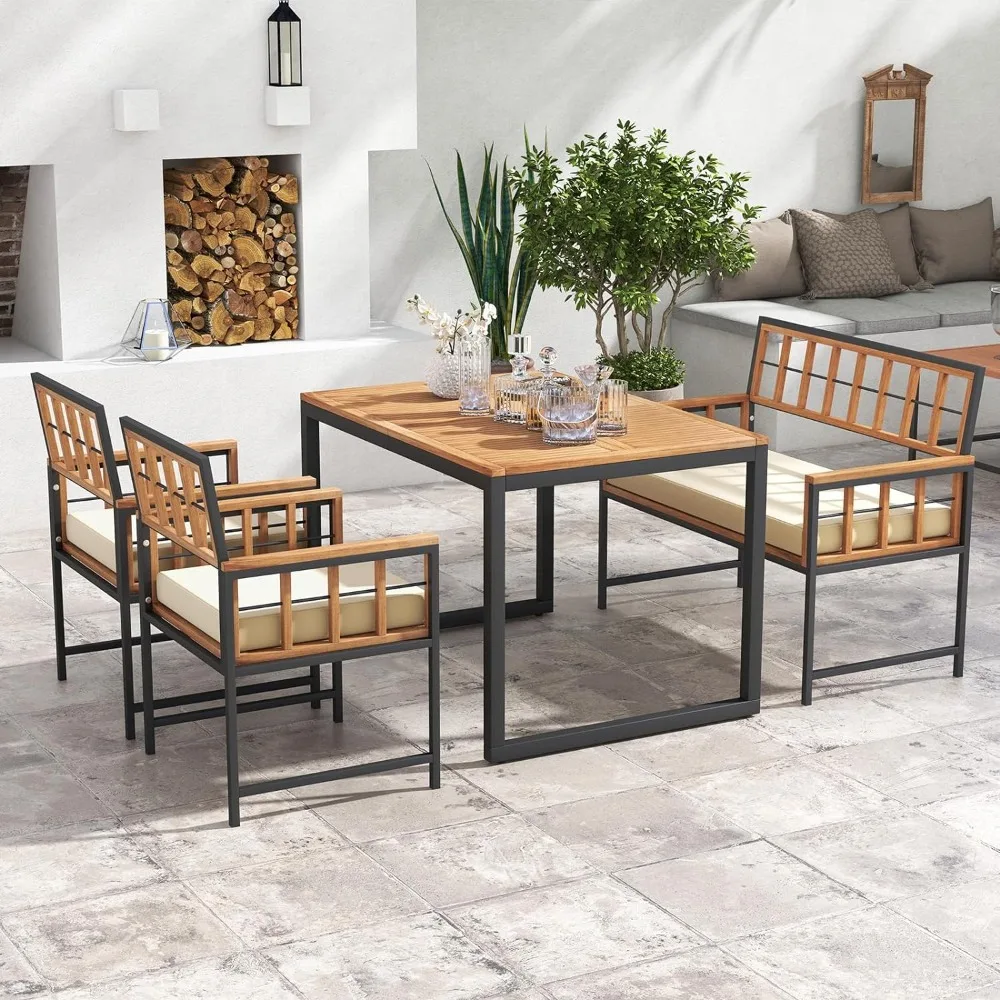 4 Piece Patio Dining Set, Outdoor Wood Dining Furniture W/ 2 Chairs & 1 Loveseat, 47” Acacia Wood Table W/Umbrella Hole