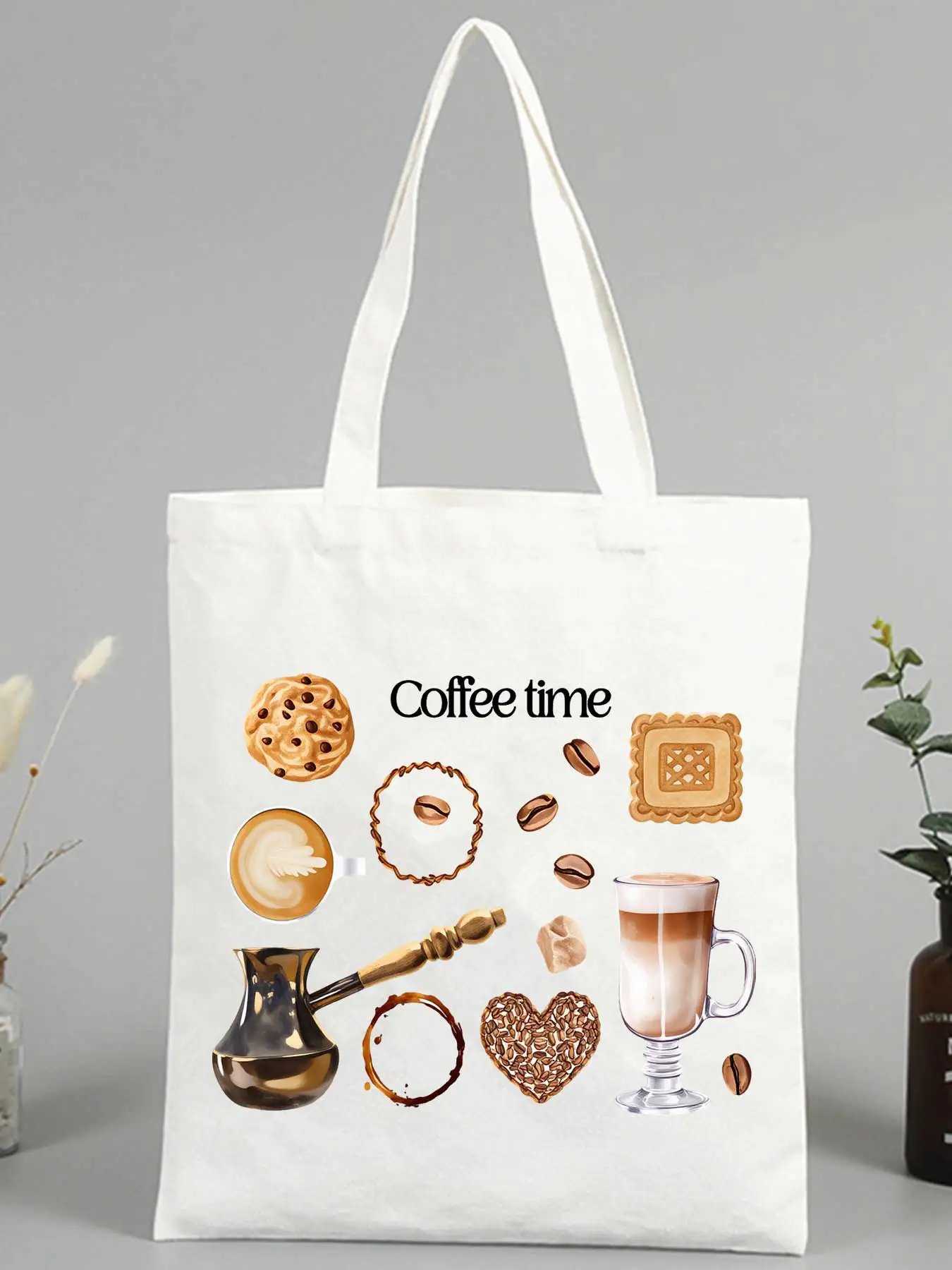 coffee and cookies graphic canvas tote bag, casual style for daily shopping and coffee outings
