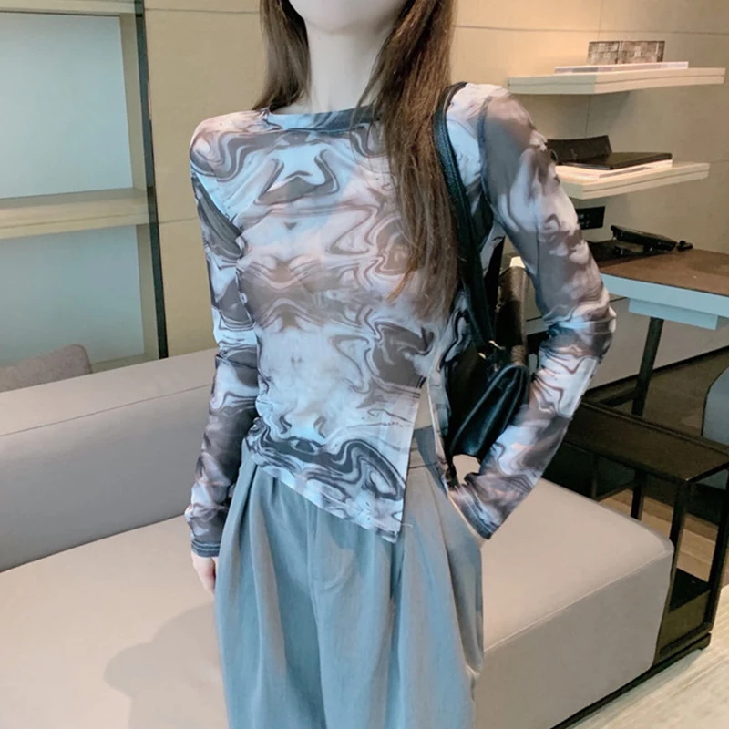Tie-Dye Mesh Print Sunscreen Base Shirt Women's Split INS Trendy Summer New Ice Silk Thin T-Shirt Top Breathable Casual Commu...