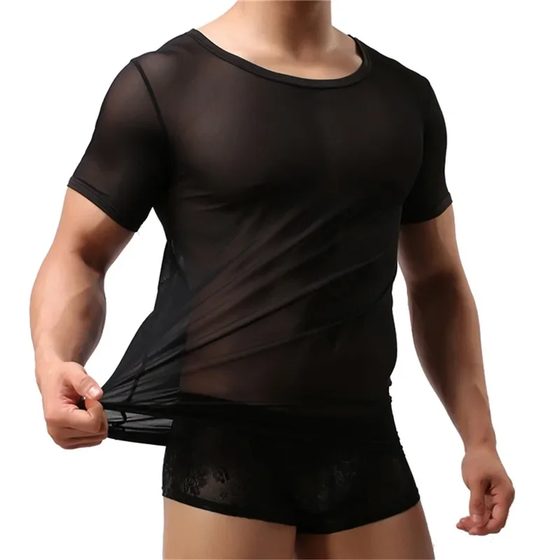 Sexy Men Undershirts Transparent Sheer Short Sleeve T Shirt Sports Fitness Casual Underwear Breathable See Through Tops Tees New