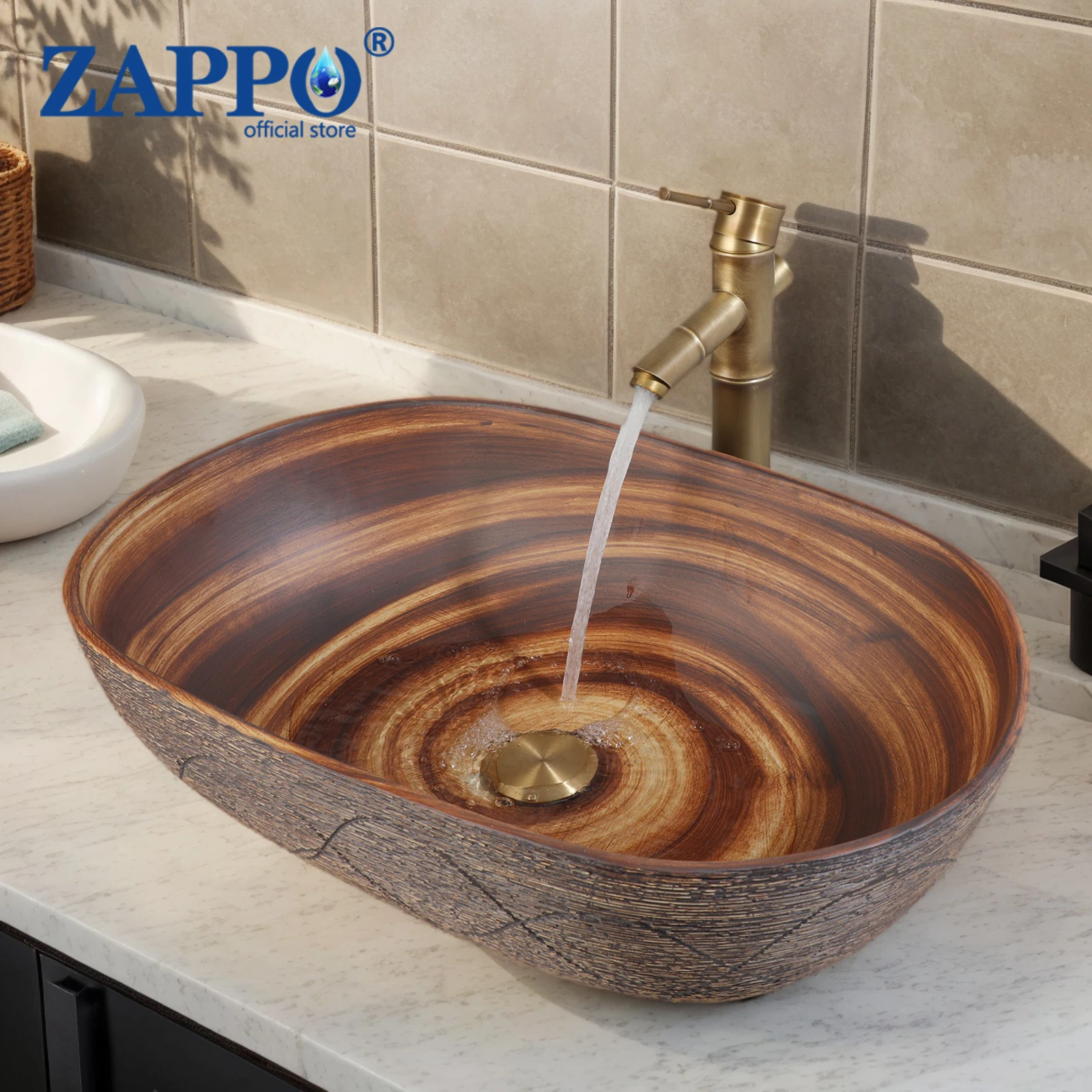 ZAPPO Lavabo artístico vintage, lavabo sobre encimera de cerámica retro, lavabo de baño antiguo de grano de madera para el hogar y el balcón