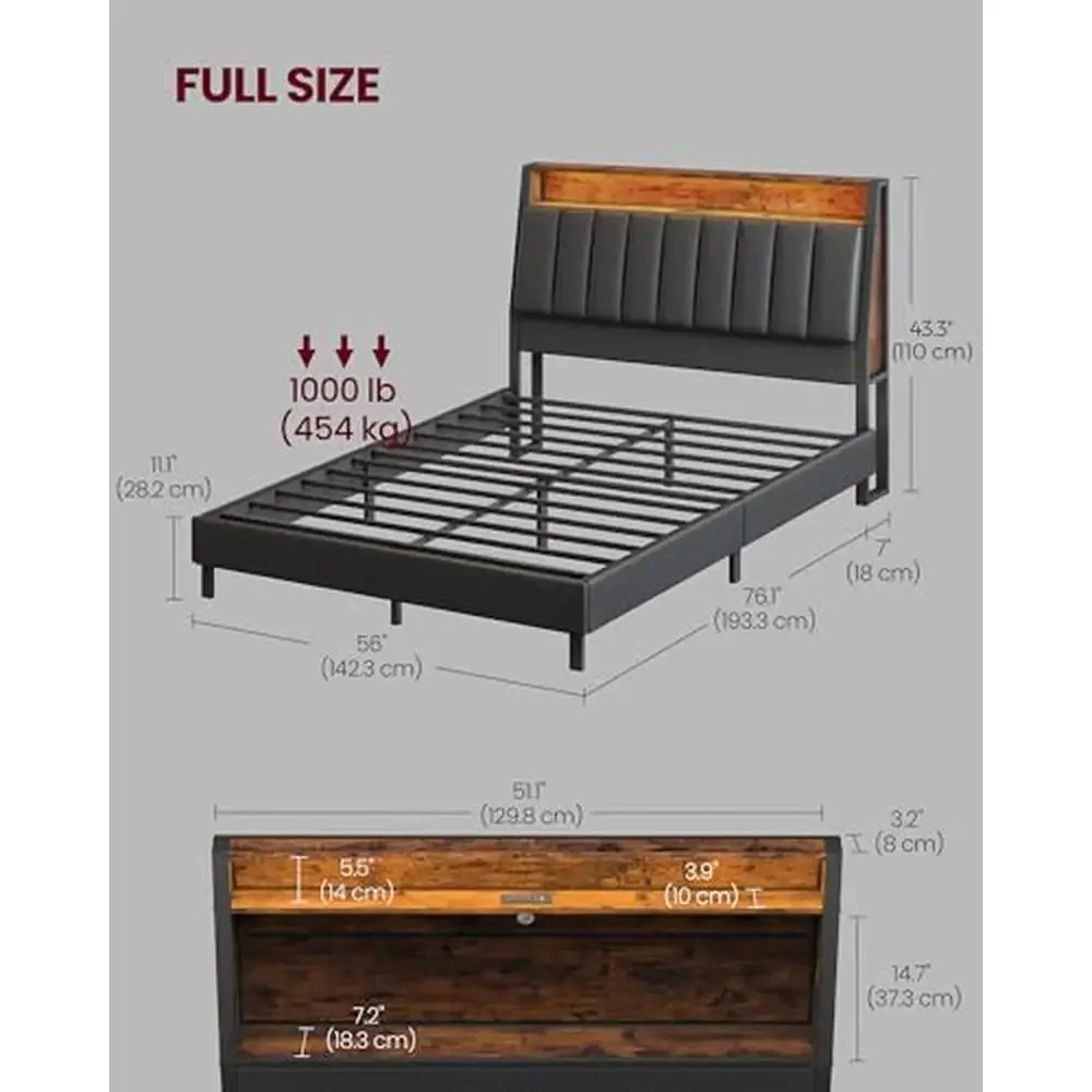 Full Size LED Bed Frame Storage Headboard Charging Station 2 AC Outlets 1 USB 1 Type-C Comfy Chic Sturdy Design Rustic Brown