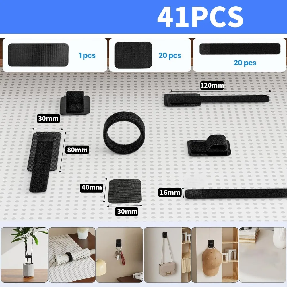 41Pcs Under Desk Cable Management Band Set Hidden Adjustable Cord Organizer Hook and Loop Tape Tangle-Free Cable Organizer