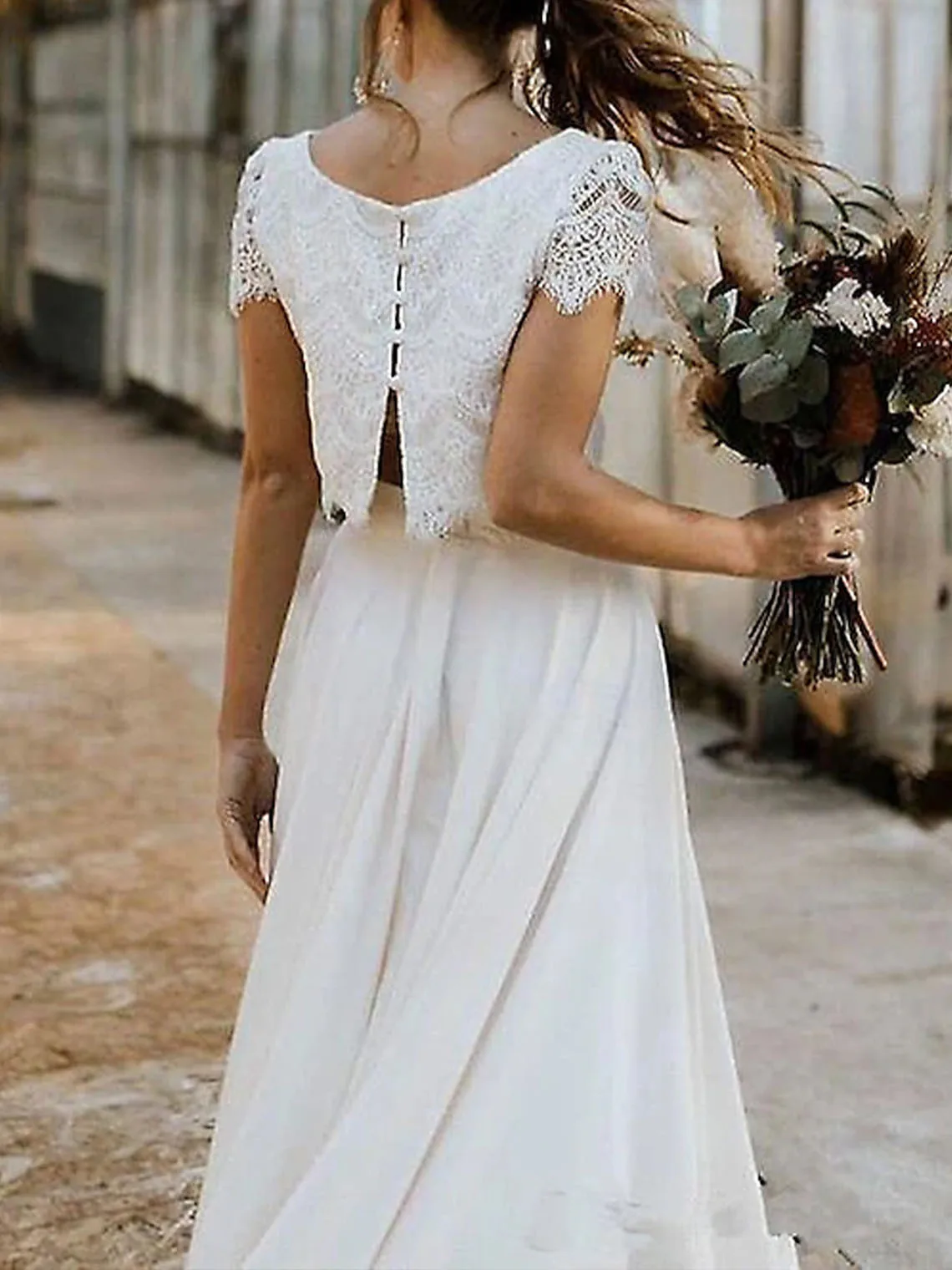 Elegante vestido de casamento de duas peças barco pescoço manga renda a linha assimétrico separa vestido de noiva 2025 personalizado grátis