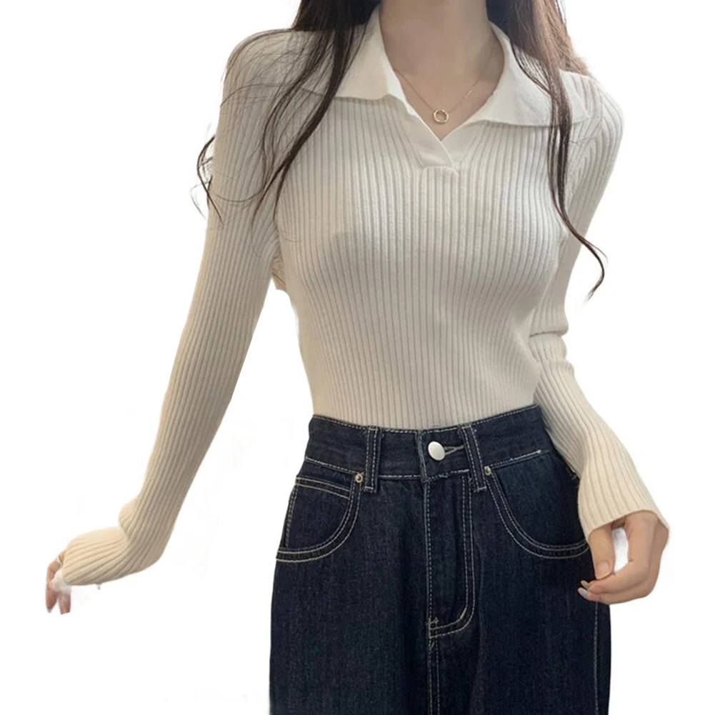 女性用プルオーバーセーター 長袖 ラペルカラー付きニット カジュアル ベーシック ボトムス トップス レイヤリングやデイリーウェアに