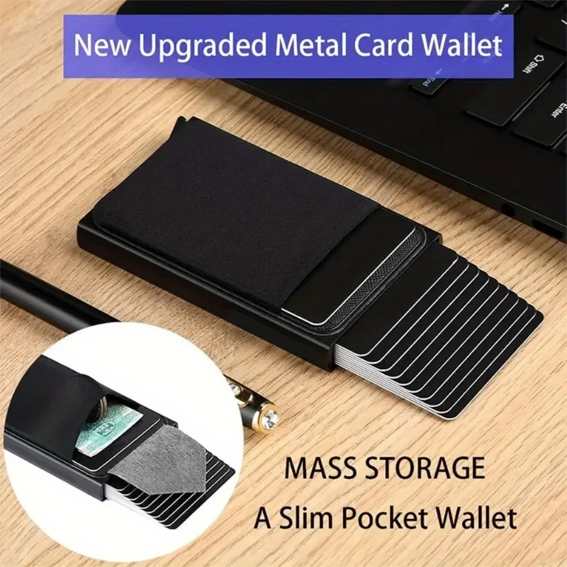 Men's Anti-theft Ultra-thin Aluminum Elastic Wallet Pop-up Minimalist Wallet with Pouch ID Credit Card Holder Mini RFID Wallet