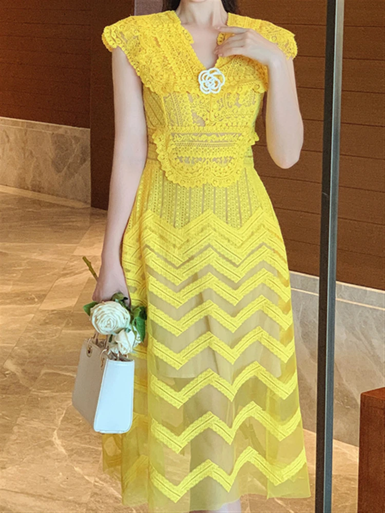 

Embroidery Beach Runway Vintage Summer Lace Boho Backless Sexy 2022 Sundress Women Party Dress Sleeveless Solid Yellow Vestido