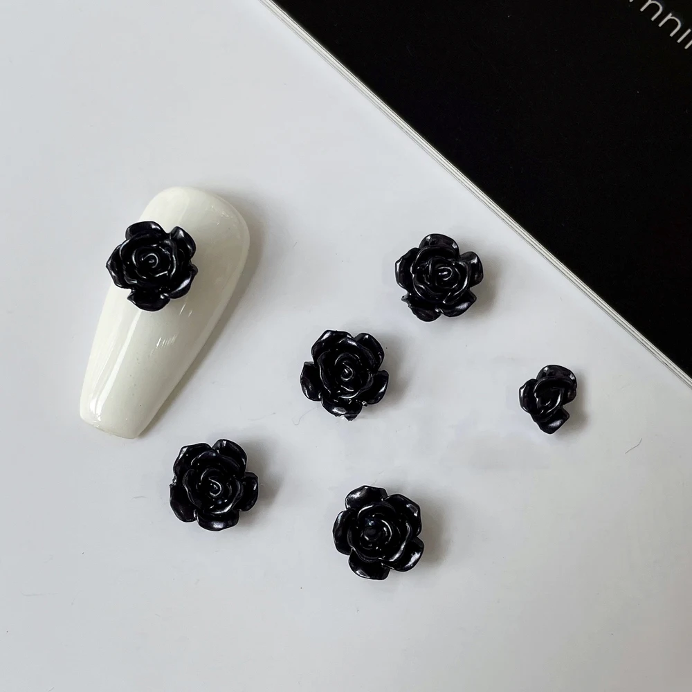 100pcs Black Rose Resin Nail Charm Decoration Parts 6/8mm 3D Matt Vintage Flatback Charms Girls DIY Jewelry Nail Art Accessories