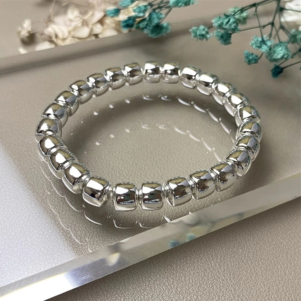 Real Pure 999 Fine Silver Bangle Men Women Lucky Glossy Beaded Bracelet 73-74g/17.9cm