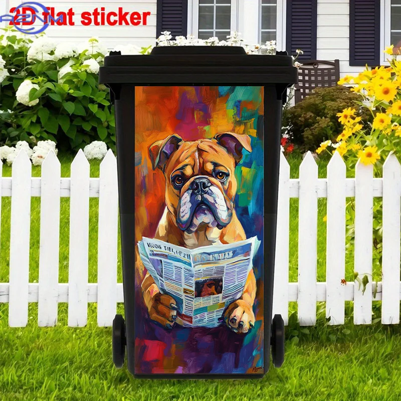 Bulldog Reading Newspaper Trash Can Sticker | Vibrant Colors, Self-Adhesive, High-Glossy Polyvinyl, Whimsical Art For Home Dec