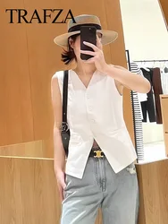 TRAFZA 2024 Female High Street White Vests Sleeveless With Buttons Hem Slit Summer Chic Tops Texture Woman Clothing Trendy