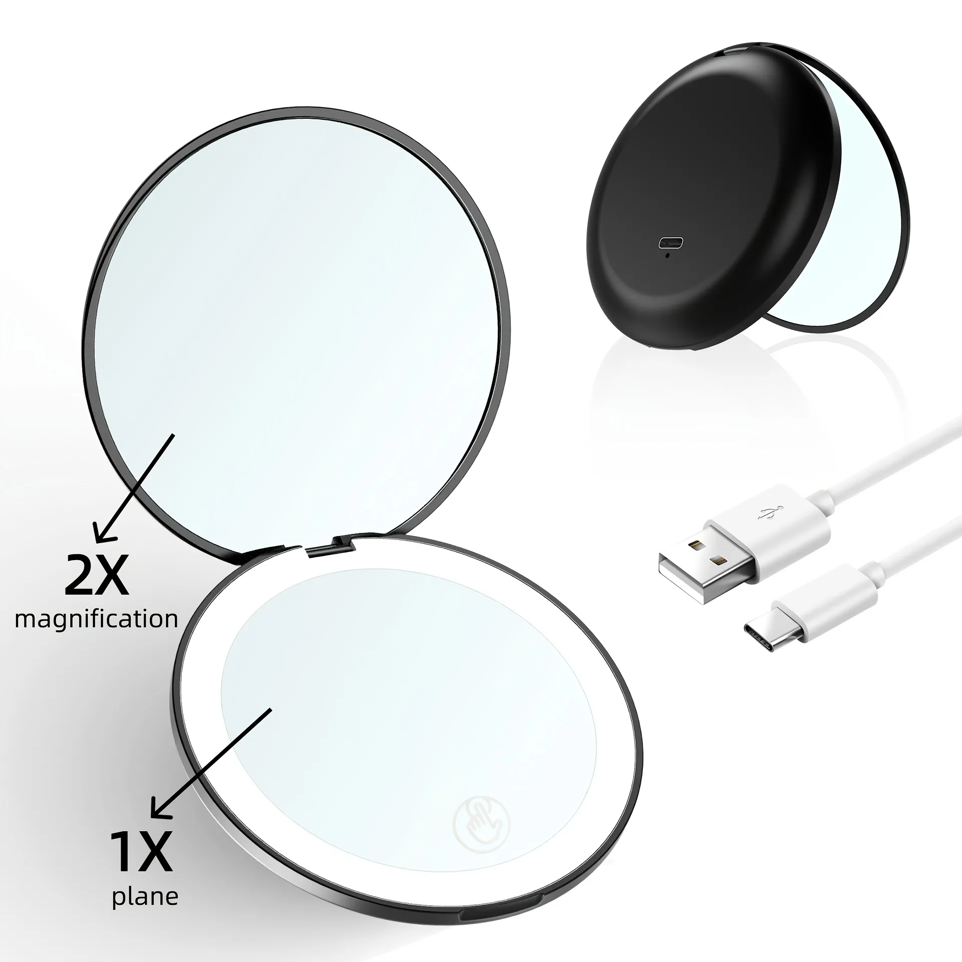 1X/2X Enlarged Handheld Makeup Mirror with Led Lighting, with USB Type-C Data Cable, Enlarged 2 Times on the Side of the Plane, Makeup, Makeup, Makeup, Clean Pores, Essential Goodies, Round Design, Exquisite and Compact, Convenient to Carry When Traveling, Gifts for Female Friends
