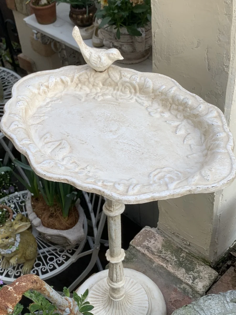 Vintage Old Rose Bird Cast Iron Tray Flower Stand Bird Feeder Bird Bath Tub Garden Running Water