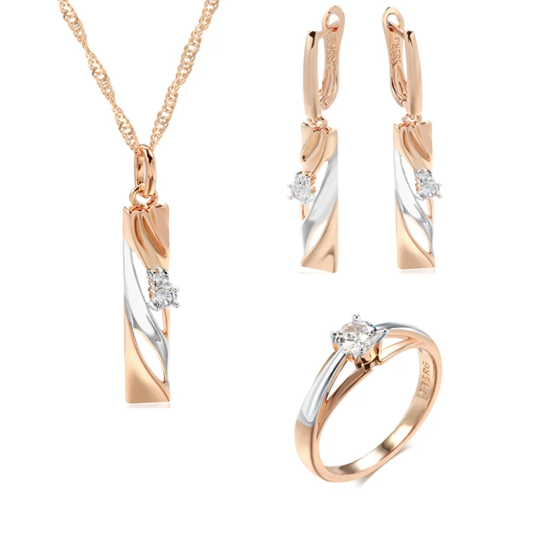 Wbmqda 3Pcs 585 Rose Gold Silver Color Mix Geometric Hollow Zirocn Necklace Earrings Ring For Women Trendy Wedding Jewelry Sets