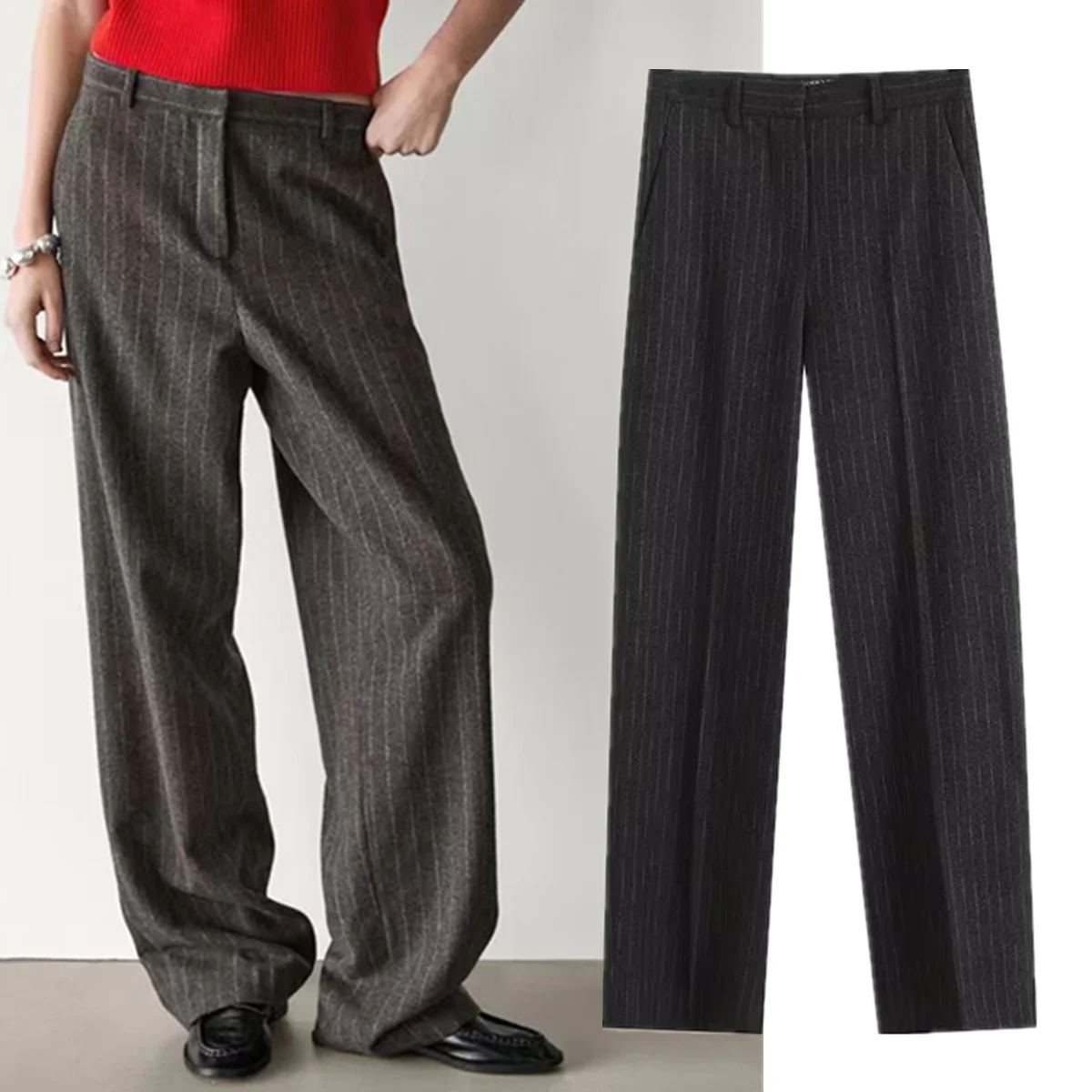 Dave&Di Francuskie spodnie biurowe w stylu office lady, szare, flanelowe, do pracy, zimowe, vintage, w paski, luźne, proste, spodnie damskie, odzież damska