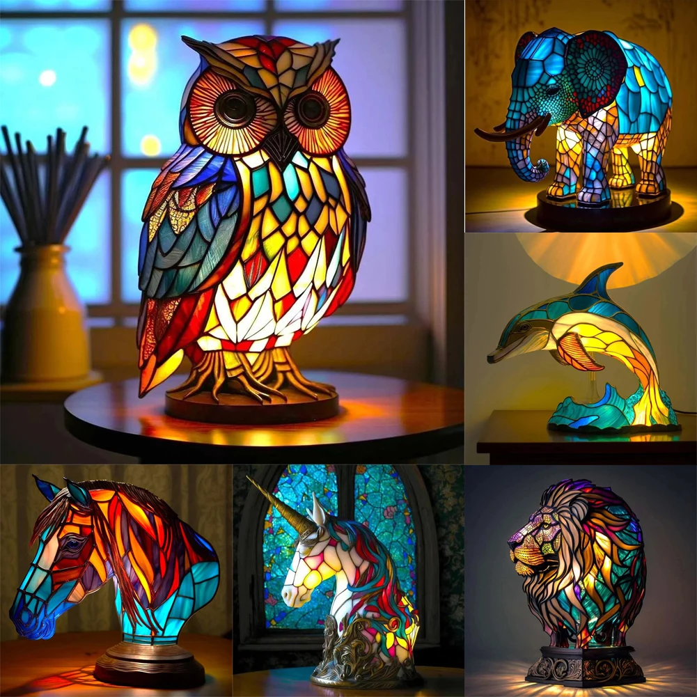 Animal Table Lamp Series Lion Dolphin Wolf Stained Glass Bedside Light Owl Horse Rooster Elephant for Living Room Bedroom Office