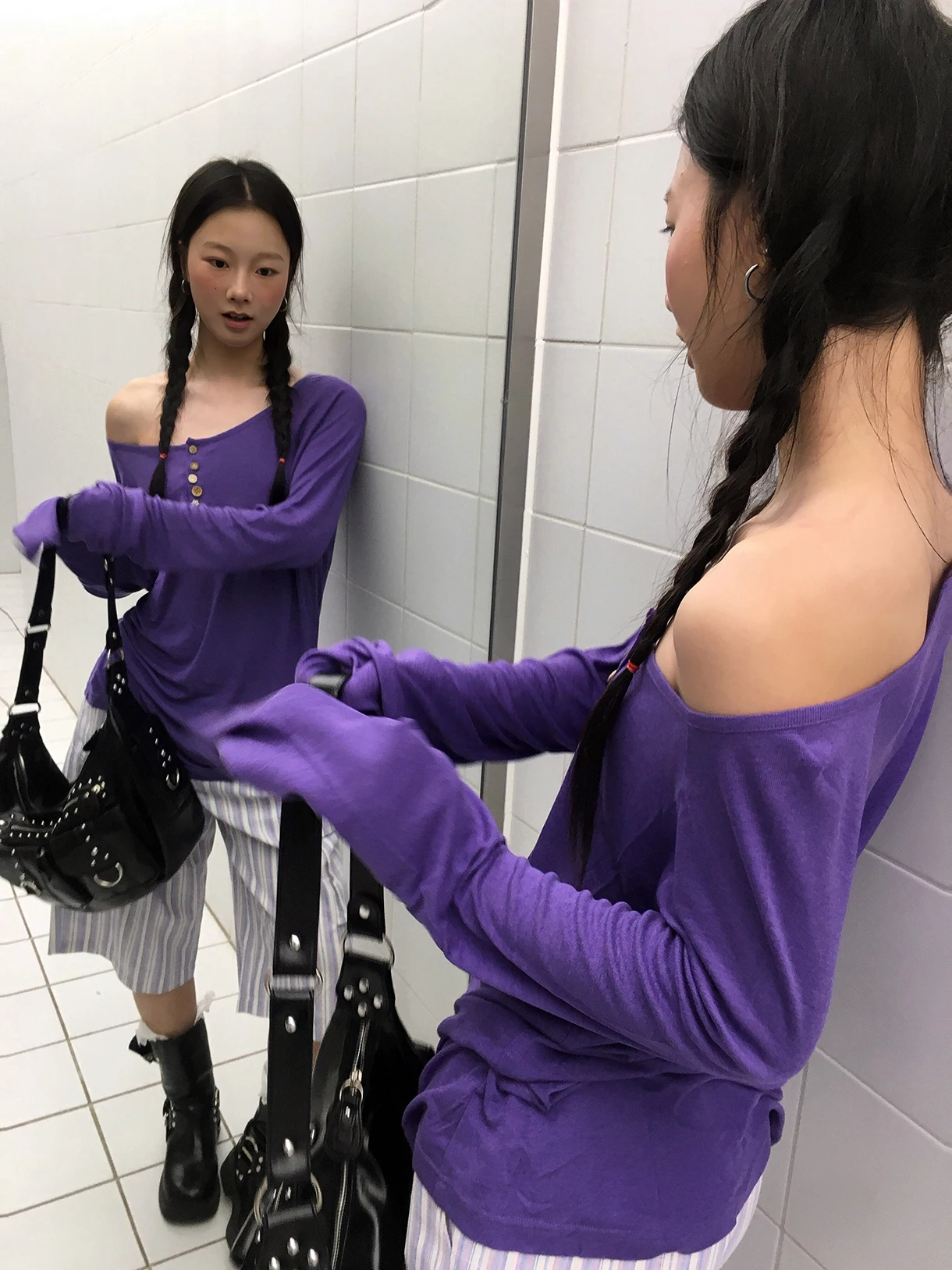 Sakura Lazy Long Sleeve Shoulder Bared T Shirt Women's Slimming Versatile Purple Casual Overhead Top Cotton Loose Fit Daily Wear