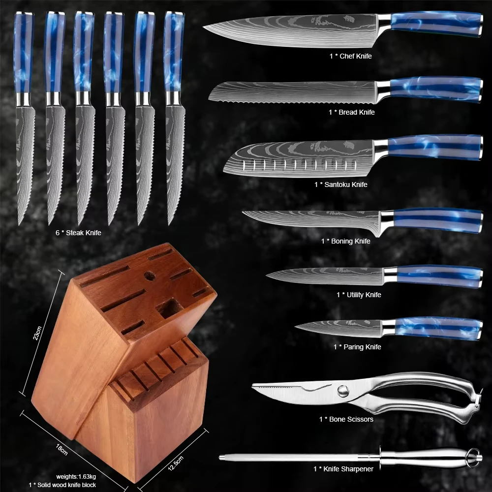 

Набор японских ножей премиум-класса, 15 предметов, профессиональный нож шеф-повара, гострые кухонные ножи Razor с деревянным блоком ножей, заточка ножниц