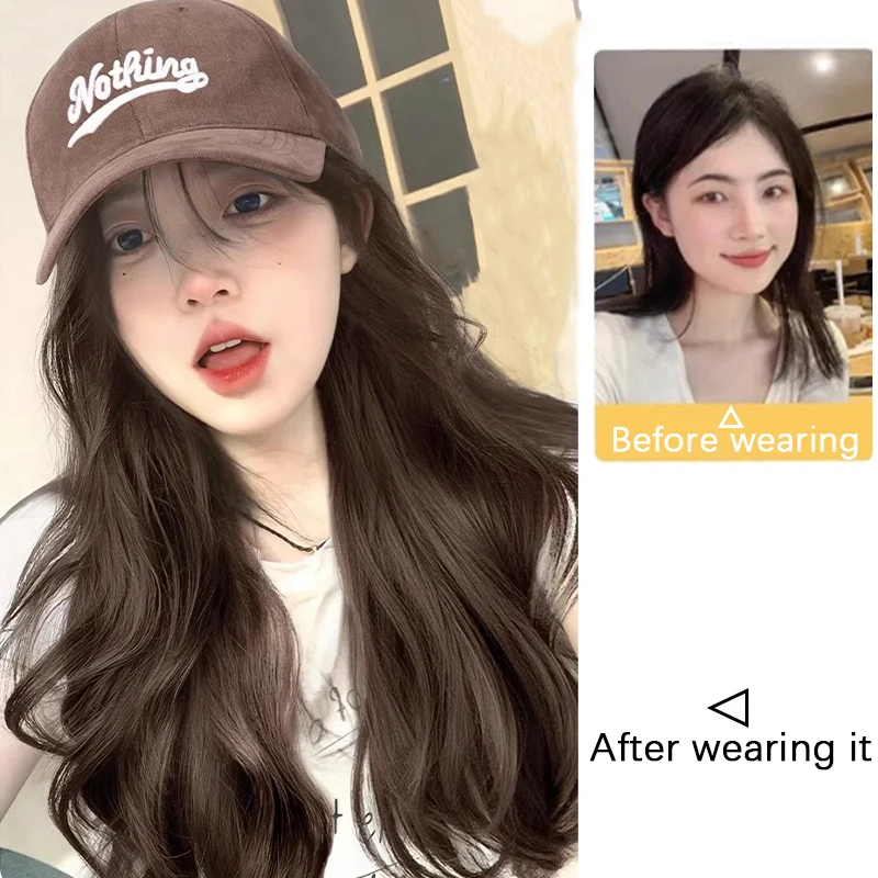 Coffee colored baseball cap wave slightly rolled wig women's synthetic fiber wig suitable for Halloween and Christmas parties