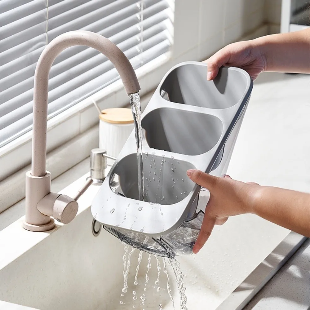 

3-слойная наклонная клетка для столовых приборов с отверстиями для слива, разделенный держатель для посуды, практичный компактный органайзер для кухонного стола