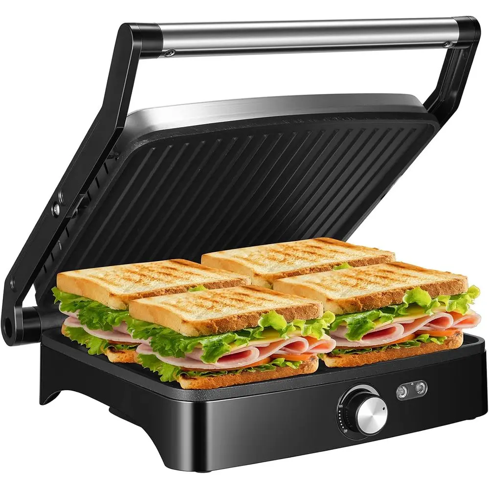 

Adjustable-Temp 4-Slice Indoor Grill with 180° Sandwich Maker, Non-Stick Plates, Stainless Steel, 1200W