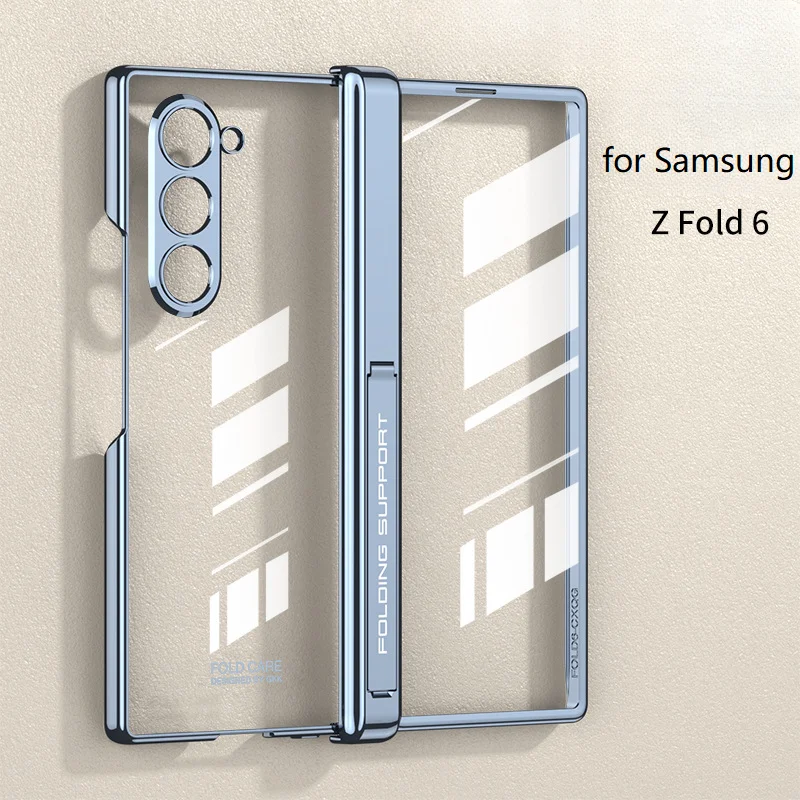 Luxury Transparent For Samsung Z Fold 6 With Stand Plated Metal Edge Shockproof Cover For Galaxy Z Fold5