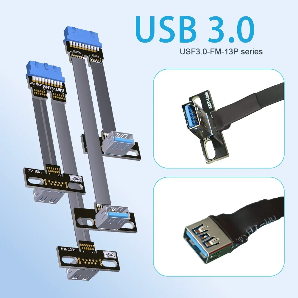 ADT Fold 90° Degree USB 3.0 Dual USB-A Female Socket To Internal 19P/20Pin Header Male Flat Ribbon Extension Cable w Screw Holes