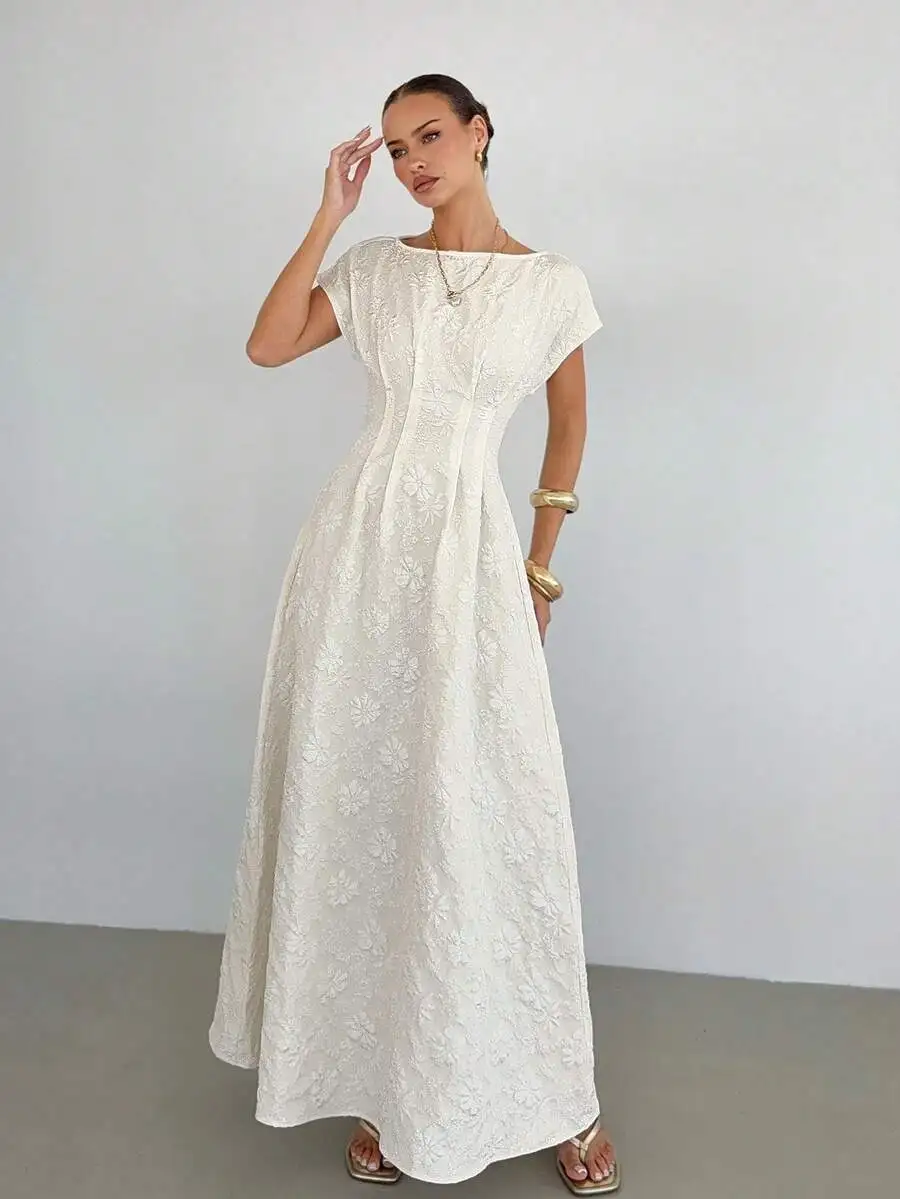 

Womens Jacquard Crew Neck Waist Cinched Long Dress Floral Pattern Casual Vacation Beach Dress