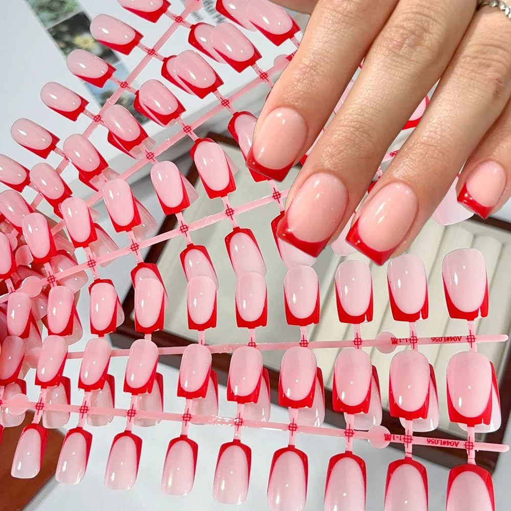 120Pcs Short Square Red French Valentine's Day Fake Nails Nude Pink Glossy Acrylic False Nails Simple Wearable Press On NailTips_voghion.com