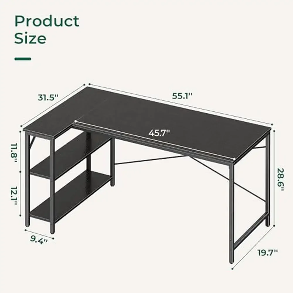 55-Inch Reversible Shelves L-Shaped Gaming Corner Computer Desk with Storage Home Office and Writing Black Embossed Surface