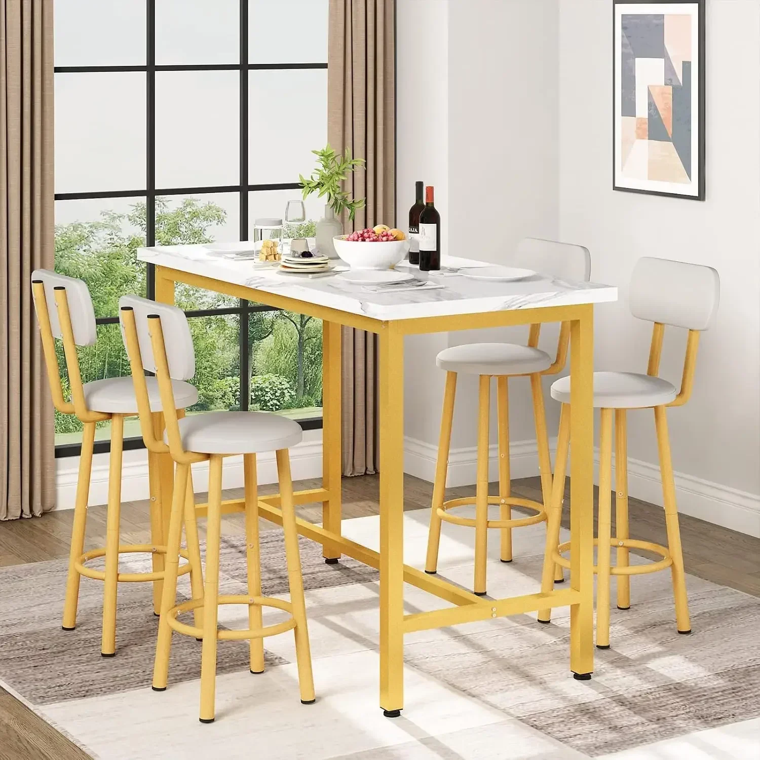 Dining Table Set,43.3” Rectangle Pub Bistro Dining Set Kitchen  Set Bar  with Backrest Stools,5-Piece Breakfast