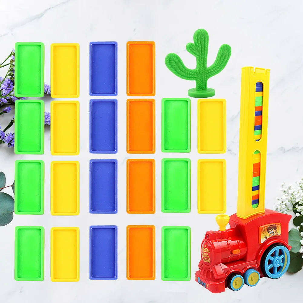 รถไฟโดมิโนไฟฟ้า 120 ชิ้น ชุดของเล่นโดมิโน DIY สำหรับเด็กเล็ก ฝึกสมดุล สีแดง พร้อมแท่นวางอัตโนมัติ สนุกและเสริมพัฒนาการ