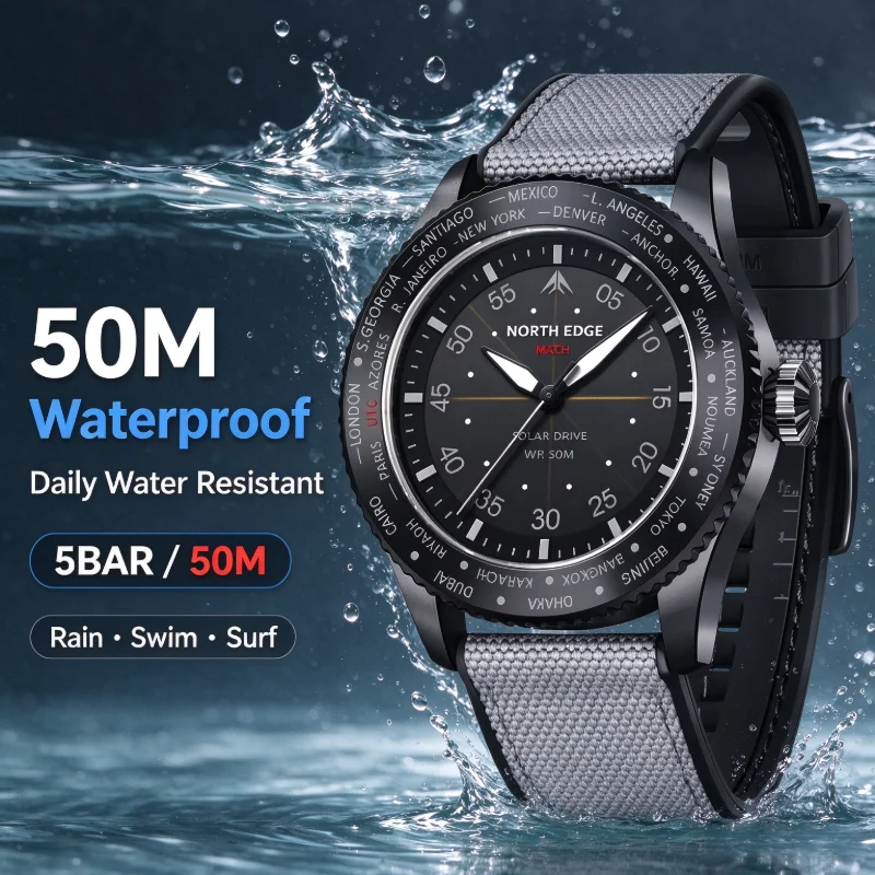 NORTH EDGE MACH Men Pilot Solar Quartz Watch World Time Bezel 50M Waterproof Luminous Sports Wristwatch Reloj Hombre