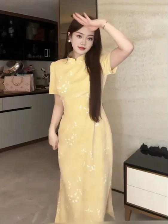 

Plus Size Chinese Cheongsam Dress 2025 Summer Women's Elegant A Line Flowy Slimming Maxi Outfit