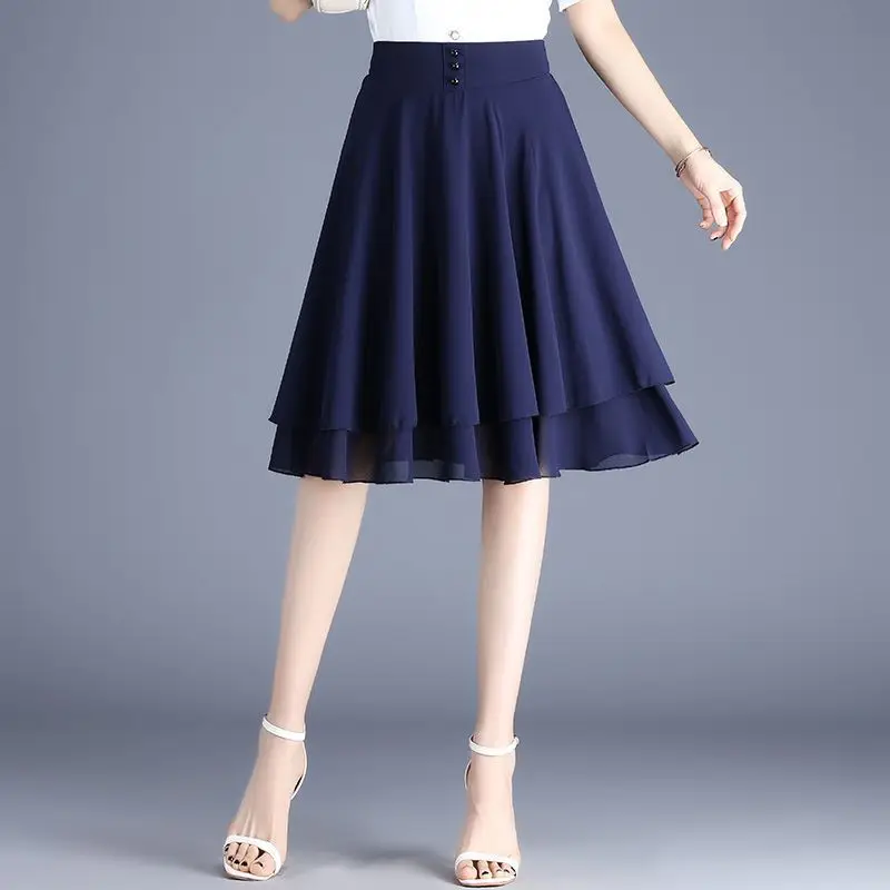 Elegant Elastic Spliced Solid Color Chiffon A-Line Skirts Women's Clothing 2025 Summer New Loose Office Lady High Waist Skirts