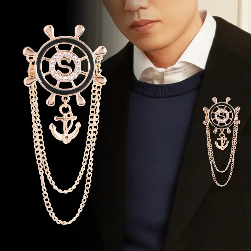 New Crystal Rudder Brooch Anchor Rhinestone Tassel Chain Lapel Pin Men\'s Suit Collar Pins Fashion Brooches for Women Jewelry