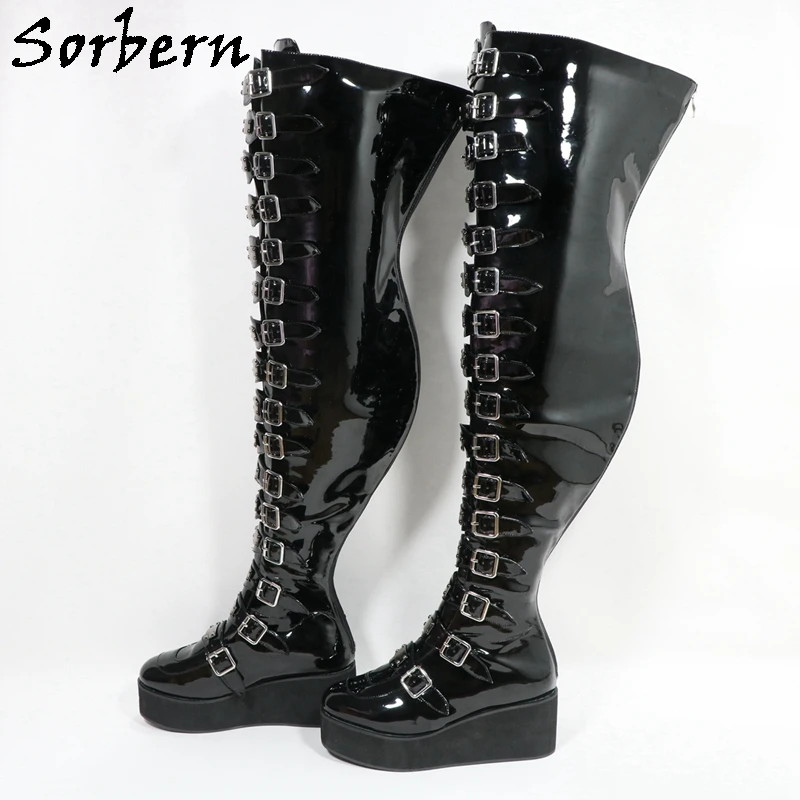 Sorbern Unisex Style Mid Thigh High Boots Multi Buckle Straps Flatform Wedges Round Toe Long Boot Rear Zipper Custom Wide Calf